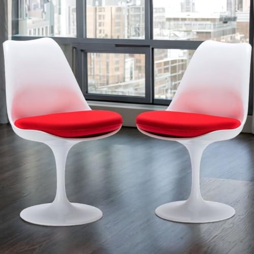 Dinasi Stylish White Tulip Chair with Red Cushion, Saarinen's Chair Replica (Set of 2) by Take Me Home Furniture - Used condition - CA$440.72
