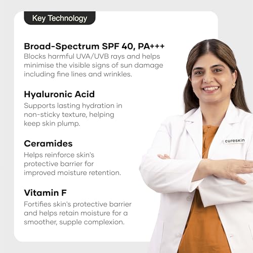 Image of Cureskin SPF 40 Ceramide Sunscreen with Hyaluronic Acid & Ceramides | 2-in-1 Sunscreen Moisturizer, Broad Spectrum, SPF 40 & PA+++, 50 g (Pack of 1)