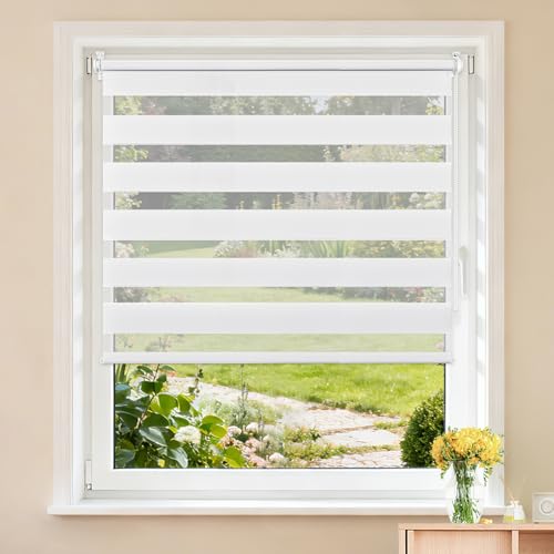 Buseu Store Enrouleur Jour Nuit Sans PerçAge, 80L X 200L Cm (Largeur Du Tissu 76) Blanc, Translucide, Respirant, Tissu Double, Protection Vie PrivéE, Pour FenêTres Et Portes-image