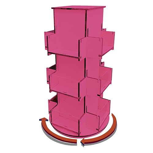Rotating Display Stand 3 Tier Wooden Organizer 4-Sided Display Rack 360 degree Spinning Multi-Pocket Tabletop Display Stand for Coasters Stickers Retail Showcase Tradeshow 17H Pink