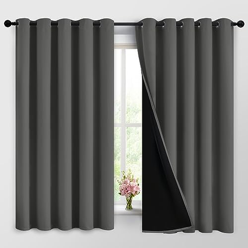 Image of Yakamok Dark Grey 100% Blackout Curtains 63 Inches Long 62 inch Wide 2 Panels | Blackout Curtain Panels for Bedroom, 2 Thick Layers Grommet Top Thermal Insulated Drapes with Black Liner for Living Room