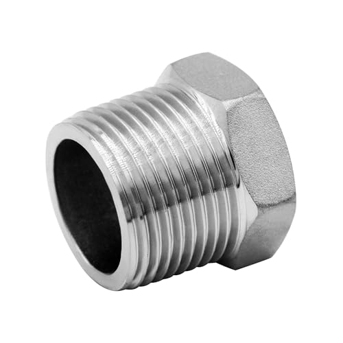 Fitvell Stainless Steel 3/4\" Male NPT to 1/8\" Female NPT Reducer Hex Bushing Pipe Fitting Adapter (pack of 5)