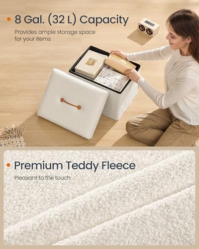 Image of SONGMICS Small Folding Storage Ottoman, Foot Rest Stool, 12.2 x 16.1 x 12.2 Inches, Ottoman with Storage, Load up to 286 lb, for Living Room, Bedroom, Dorm, Cream White ULSF094W01