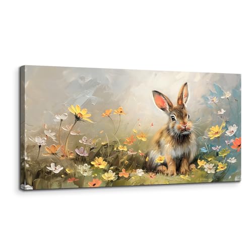 MHARTK66 Quadri Moderni Soggiorno Grandi, 50x100 cm Stampe da Parete Coniglietto e Fiori Selvatici, Animale Quadro Camera da Letto Su Tela Decorazioni Parete Bagno Cucina Ufficio Sala Da Pranzo