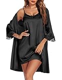 Ekouaer Sleepwear Women's Satin Nightgown with Robes Set 2 Piece Sexy Lace Cami Nightwear Black L