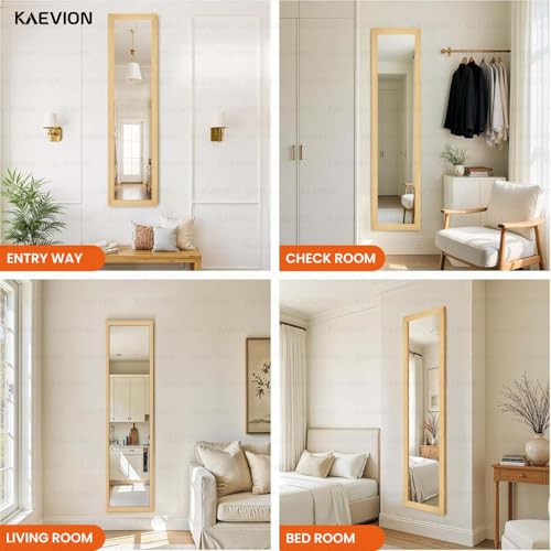 Image of Wood Framed Full Length Mirror, 4ft Wall Mounted Body Mirror with 5mm HD Shatterproof Glass, 3-Way Hanging or Leaning Mirror for Bedroom, Bathroom, Living Room (Natural Wood)