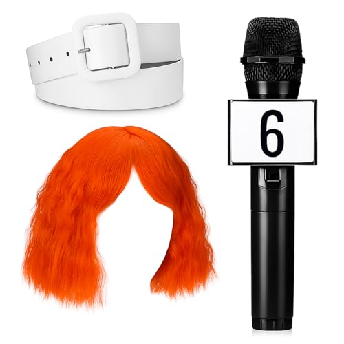 Knitgrip 3 Pcs Reporter Costume Yellow Ladies Halloween Costume Hero Cosplay Outfit Orange Wig White Belt Microphone Prop
