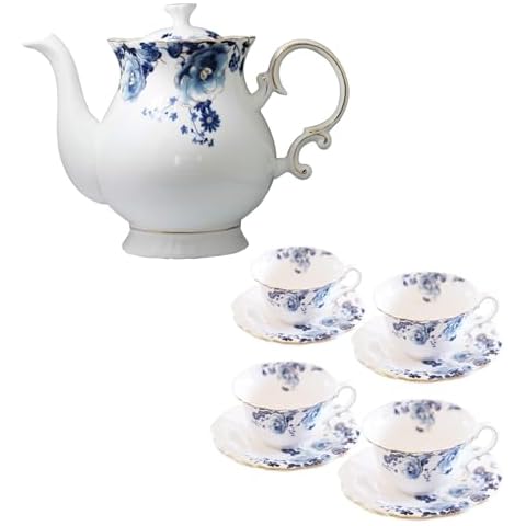 Jomop European style 1 set Ceramic Teapot and 4 set Teacup and saucers Blue and White Flowers Cover