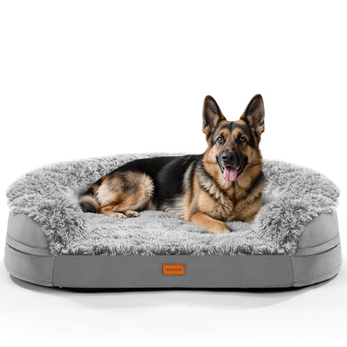 Image of iweepet Fluffy Calming Jumbo Orthopedic Dog Beds for Extra Large Dogs, Supportive Dog Sofa Bed with 3.7 inch 28D Egg-Crate Foam, Removable Washable Plush Cover, Waterproof Lining, 48'',Grey