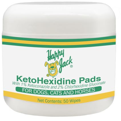 HAPPY JACK KetoHexidine Pet Wipes, Chlorhexidine Pads for Dogs & Cats with Ketoconazole, Cat Wipes for Acne, Wrinkles, Paws, Itchy Skin, 50 Ct