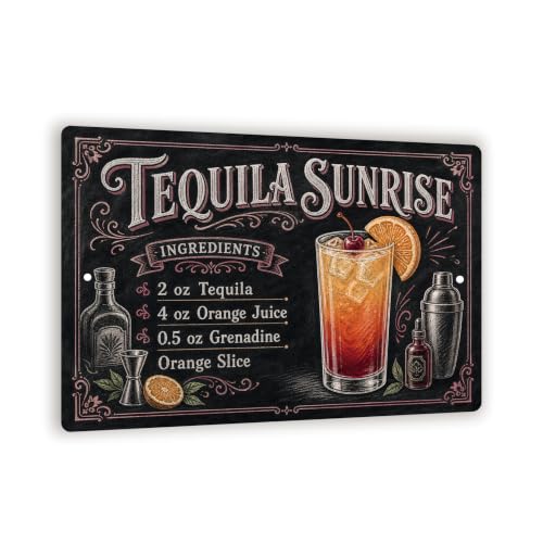 Tequila Sunrise Recipe Metal Sign - Chalkboard Bar Wall Decor - 8x12 Cocktail Art