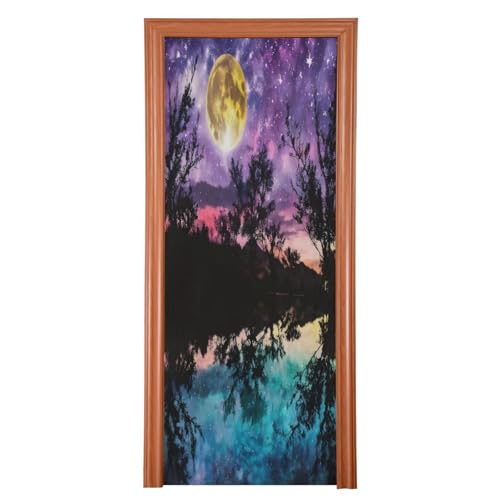 FLildon Lake Moonlight Stars Trees Door Cover Decoration, Party Accessory Porch Decor for Festive Ornament Room Door Covers 35 x 79 Inch