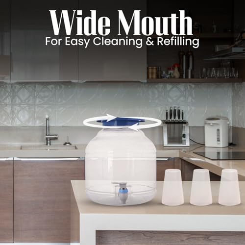 Image of Plastic Water Dispenser with Tap and 6 Glasses, Storage Container Jar Bottle Can (10 Litre, Transparent), White