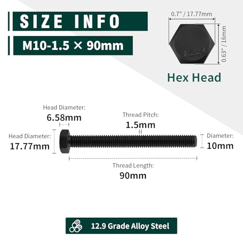 Image of M10-1.5 x 90mm Hex Bolts, 12.9 Grade Alloy Steel, Black Oxide Finish, Full Thread, Coarse Thread UNC, Hexagon Head Bolts 6 PCS