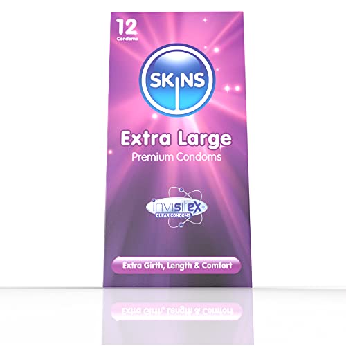 SKINS Extra groß Kondome - Natürliche Latex -XXL Kondome; vorgeglüht für Komfort - Diskrete Packung mit 12 Stück
