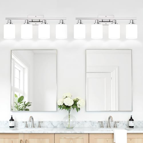 Image of MOKATNG 4-Light Vanity Light with Milky White Shades, Chrome Bathroom Lighting Fixtures Over Mirror, Modern Bathroom Wall Lamp for Mirror Living Room Cabinet Bedroom