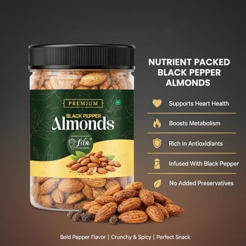 Image of LILA DRY FRUITS Flavoured Almonds 1 kg (500g x 2) Black Pepper Flavour Crunchy Roasted Badam Snack | Healthy Snacking Party Munching Spicy Namkeen Dry Fruit Perfect for Gifting