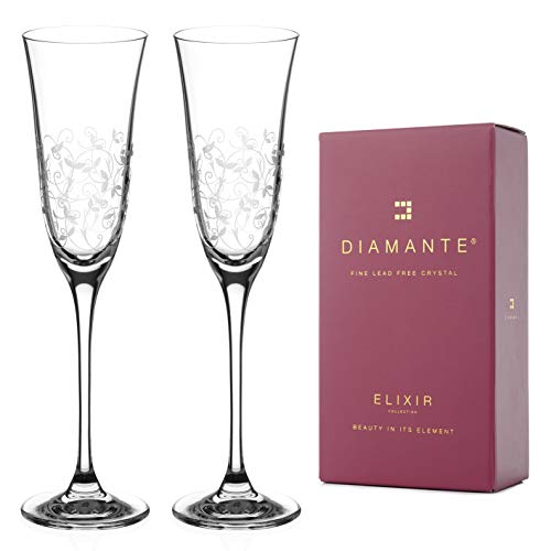 DIAMANTE Champagne Flutes Crystal Prosecco Glasses - ‘Floral’ Collection Hand Etched Glasses - Set of 2