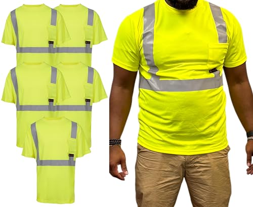 OrangeGear® Class 2 Short Sleeve High Visibility Reflective Moisture Wicking T-Shirt (5 Pack) (US, Alpha, Medium, Regular, Regular, Lime)