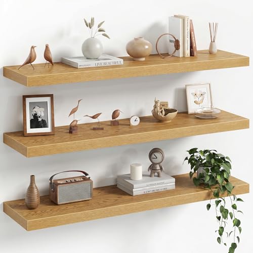 Image of Fun Memories 36Inch Floating Shelves for Wall, 8 Inch Deep Shelves for Bathroom|Bedroom|Kitchen, Large Wall Mounted Wood Hanging Shelf with Invisible Brackets for Home Storage Decor, Oak - 3 Pack