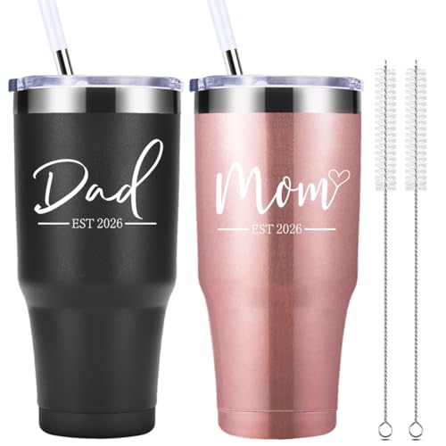 Image of momocici Dad Mom Est 2026 30 OZ Tumbler.Anniversary New Parents Pregnancy Parents to be Gift.Father's Mother's Day Couples Gifts.New Dad New Mom Gifts.(Black&Rose Gold)