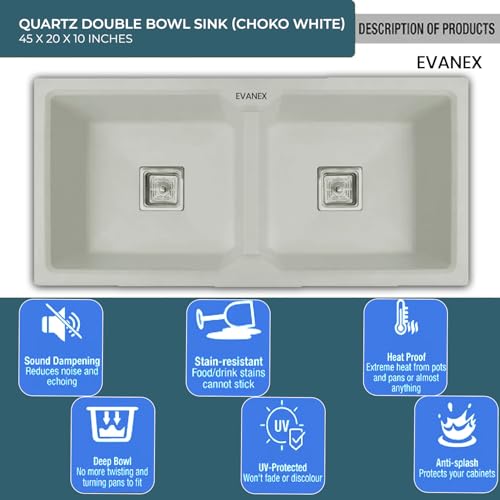 Image of EVANEX Quartz Kitchen Sink|Double Bowl Sink for Kitchen|Topmount /Undermount Kitchen Sinks|Choco-White Double Sink with Connector, Waste Pipe, Coupling and Drain Basket|45x20x9 Granite Kitchen Sinks