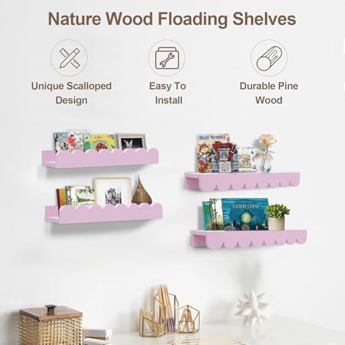Image of Scalloped Shelves for Nursery - Wall Book Shelves for Bedroom Kids, Nursery Bookshelf for Wall Set of 4, Floating Book Shelves Solid Wood,18 Inch (Pink)