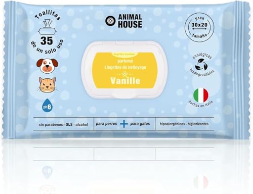 Animal House Toallitas perfumadas 35 PCS: Toallitas húmedas hipoalergénicas y biodegradables para la Limpieza Diaria de Perros y Gatos (35, Vainilla)