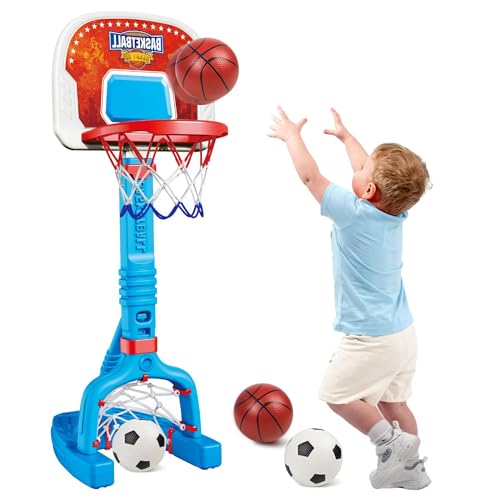 2 in 1 Kids Basketball Hoop with Soccer Goal Net, Toddler Basketball Hoop Adjustable, Sport & Outdoor Toys, 2 Year Old boy Gifts for Indoor and Outdoor Soccer, Backyard Soccer, Pool Basketball