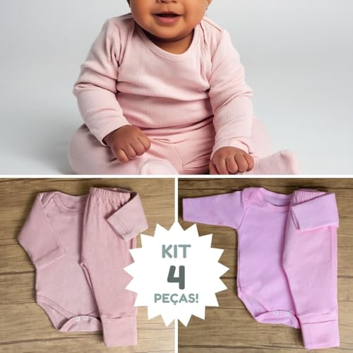 Kit 4pç Roupa De Bebê Body Manga Longa E Mijão Menina (Menina, P)