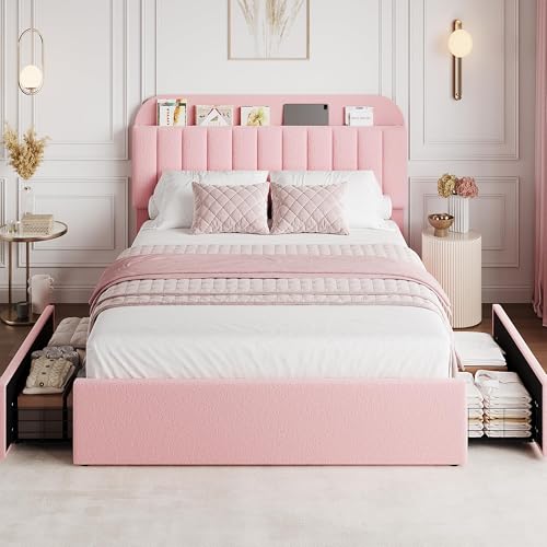 GarveeHome Pink Full Bed Frame with Storage Headboard, Girls Bed Frame with 2 Drawers, Boucle Upholstered Platform Bed with Bookcase, No Box Spring Needed, Easy Assembly, Pink