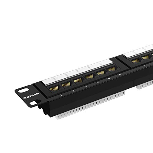 Ampcom Premium Series Cat5/5E 24 Ports Patch Panel, Rack Mount - 1U, 19 Inch, Rj45 Ethernet 568A 568B, 15U Gold Plated, With Rear Cable Support Bar #TOP3