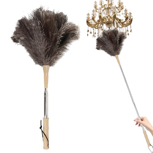 Plumero de plumas de avestruz con mango de madera, largo extensible hasta 115 cm, perfecto para quitar telarañas, superficies altas, ventiladores de techo e instalaciones sensibles