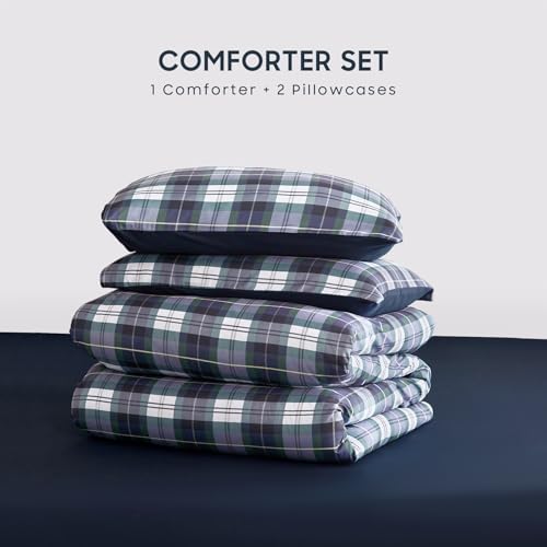 Image of Wake In Cloud - Plaid Comforter Set, Scottish Tartan Check Geometric Modern Pattern Printed, Soft Lightweight Bedding, 3 Pieces, Navy Green, Twin /Twin XL Size