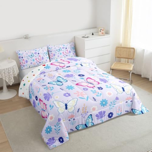 Image of Erosebridal Flying Butterflies King Size Comforter Set for Kids Teens Adults,Pink and Blue Bedding Sets,Cartoon Garden Floral Duvet Insert,Wildlife Quilt Bedroom Decor