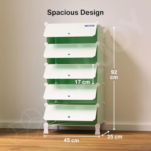Image of BOXJOY 5 Shelf Plastic Shoe Rack with 5 Doors & 5 Hook Steel Holder (Green) | Shoes Stand Organiser with Feet, Metal Frame Door & Wooden Hammer for Home Storage to Cover Chappal Slipper Sandals