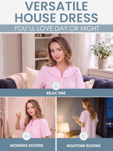 Image of Casual Nights Women's Snap - Front House Dress Short Sleeve Woven Housecoat Duster Lounger Robe with Pockets
