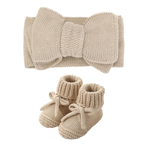 WaiHeikki Newborn Baby Present Set Knitted Booties Indoor Shoes Comfortable First Walking Socks Shoes+Bowknot Hairband 0-12M (Khaki, ONE SIZE)