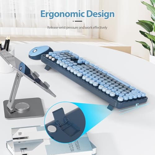 Image of Fogruaden Blue Keyboard and Mouse Wireless, Retro Typewriter Keyboard, 2.4GHz 104 Keys Full Size Cute Keyboard with Number Pad, Gradient Colorful Round Keycaps for Windows PC Desktops Laptop