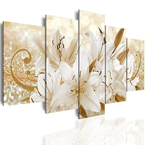 LUDUHU Golden Orchid Flowers Canvas Print - Abstract Floral Wall Art Painting Decor for Home Decoration, Contemporary White Floral Artwork Picture Bedroom Wall Art Decor (E,Oversize 40x20inch)