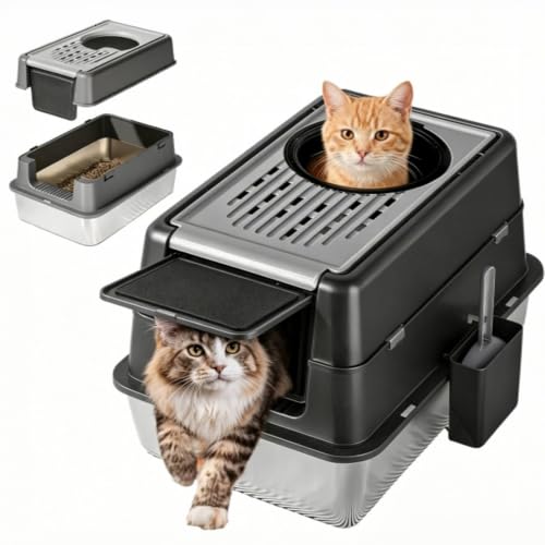 Stainless Steel Cat Litter Box with Lid - Enclosed Covered Metal Kitty Litter Box Enclosure with 180° Flip-Top, Leak-Proof High Sided Cat Box & Scooper, Easy to Clean, Odor Control, for All Cat Sizes