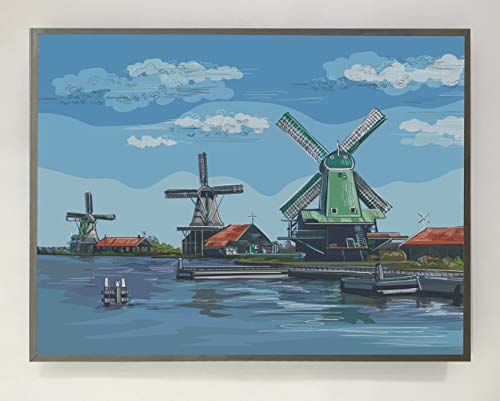 Bild mit Holzrahmen, weiß lackiert, beleuchtet mit LED-Licht, Mühlen, in Amsterdarm