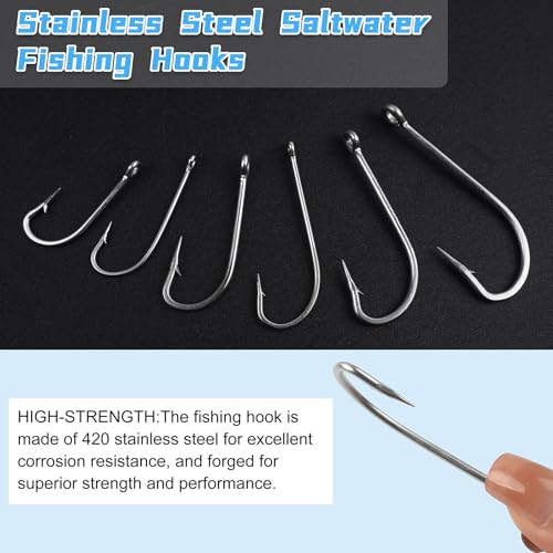 Saltwater Fishing J Hooks, 120pcs Stainless Steel O'Shaughnessy Forged Long Shank Fishing Hooks Extra Strong Trolling Hooks for Saltwater Freshwater Fishing - Thumbnail 5