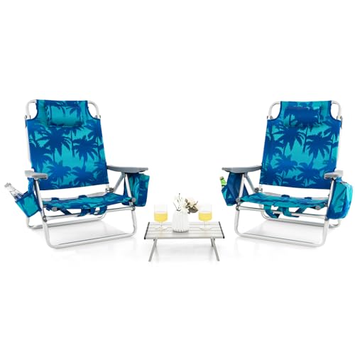 GOPLUS Juego de 2 Sillas Playa y Mesa Plegable, Silla Plegable Reclinable con 5 Posiciones Ajustables, 3 Bolsas de Almacenaje y Almohada, Silla Portátil para Jardín Piscina Camping (Cocotero Azul)