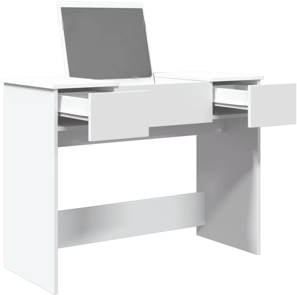 vidaXL White Dressing Table with mirror open and drawers partially pulled out