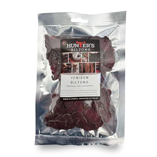 Hunters Biltong - Venison Biltong - 100 Gram - Authentic South African Biltong - High Protein Healthy Snack for Training - Low Sugar & Gluten Free, MSG Free - Suitable for Paleo and Keto Diets