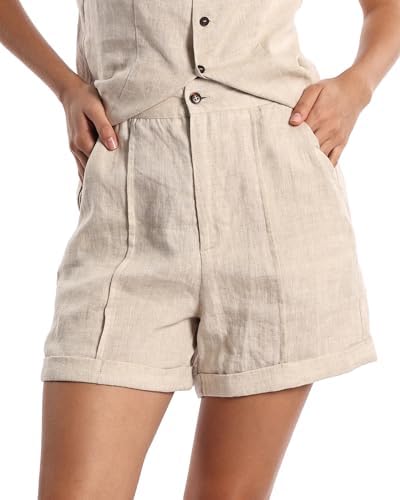 Womens Pure Linen Shorts Button Elastic Waist with Pockets Casual...