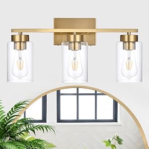 3-Light Bathroom Vanity Light, Modern Brushed Gold Wall Lights with Clear Glass Shades, Bathroom Wall Sconce Lamp for Mirror Living Room Bedroom Hallway 3 Light Bathroom Vanity Light Modern Brushed Gold Wall Lights with Clear Glass Shades Bathroom Wall Sconce Lamp for Mirror Living Room Bedroom Hallway