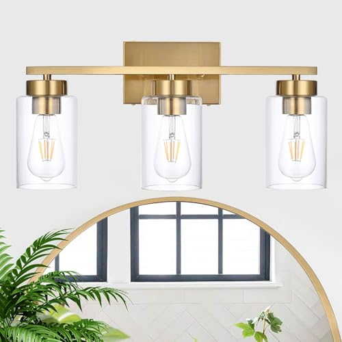 3-Light-Bathroom-Vanity-Light-Modern-Brushed-Gold-Wall-Lights-with-Clear-Glass-Shades-Bathroom-Wall-Sconce-Lamp-for-Mirror-Living-Room-Bedroom-Hallway 3 Light Bathroom Vanity Light Modern Brushed Gold Wall Lights with Clear Glass Shades Bathroom Wall Sconce Lamp for Mirror Living Room Bedroom Hallway