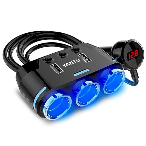 EEEKit Multi Socket 12V/24V Cigarette Lighter Adapter, Car Charger Adapter, 3 Way Cigarette Lighter Splitter with 2 USB Charger Ports Fast Charge Voltage Display Independent Switch for 12-24V Vehicles